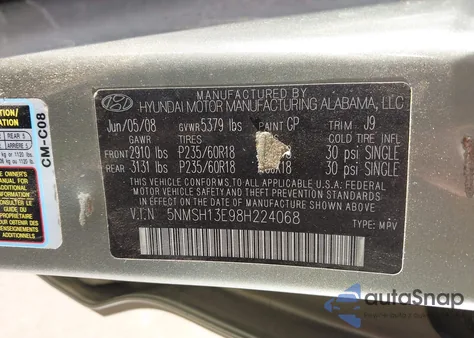 2008 Hyundai Santa Fe Limited/Se из США, поврежденный, VIN 5NMSH13E98H224068